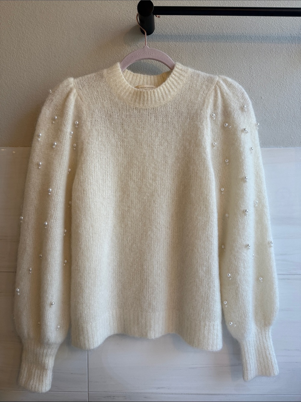 Sezane Cream Pearl-Embellished Puff-Sleeve Crew Sweater